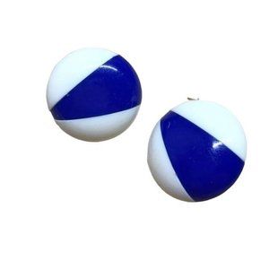 Vintage Trifari earrings plastic button clip on retro 70s 80s blue white block
